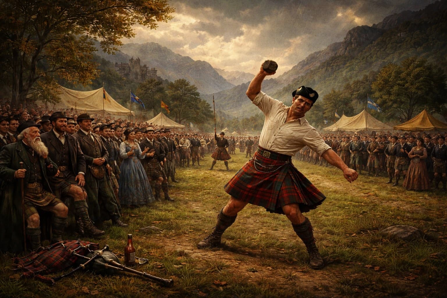 Highland Games heavy events with the Scottish Highlands in the background